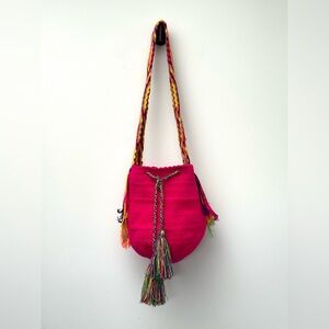 Bright Pink Woven Shoulder Bag with Multicolor Tassel Strap